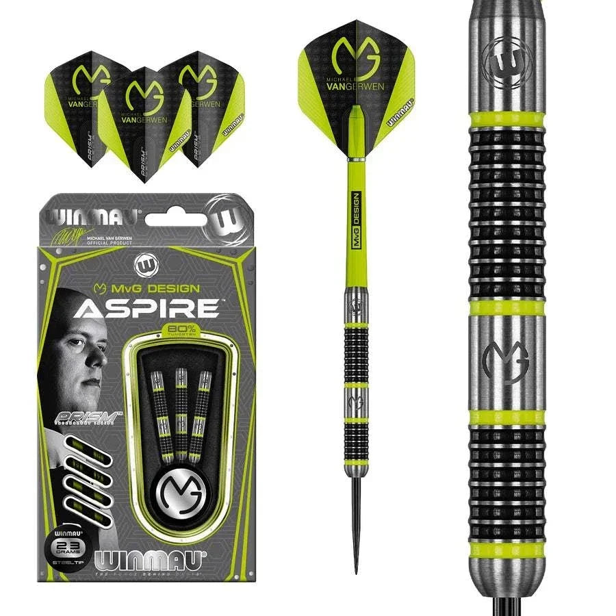 Michael Van Gerwen MVG Aspire 80% tungsten steel tip darts by Winmau with black and green design
