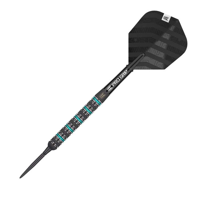 Target Rob Cross Black Edition 90% tungsten Swiss steel tip dart with teal grip and black PVD finish