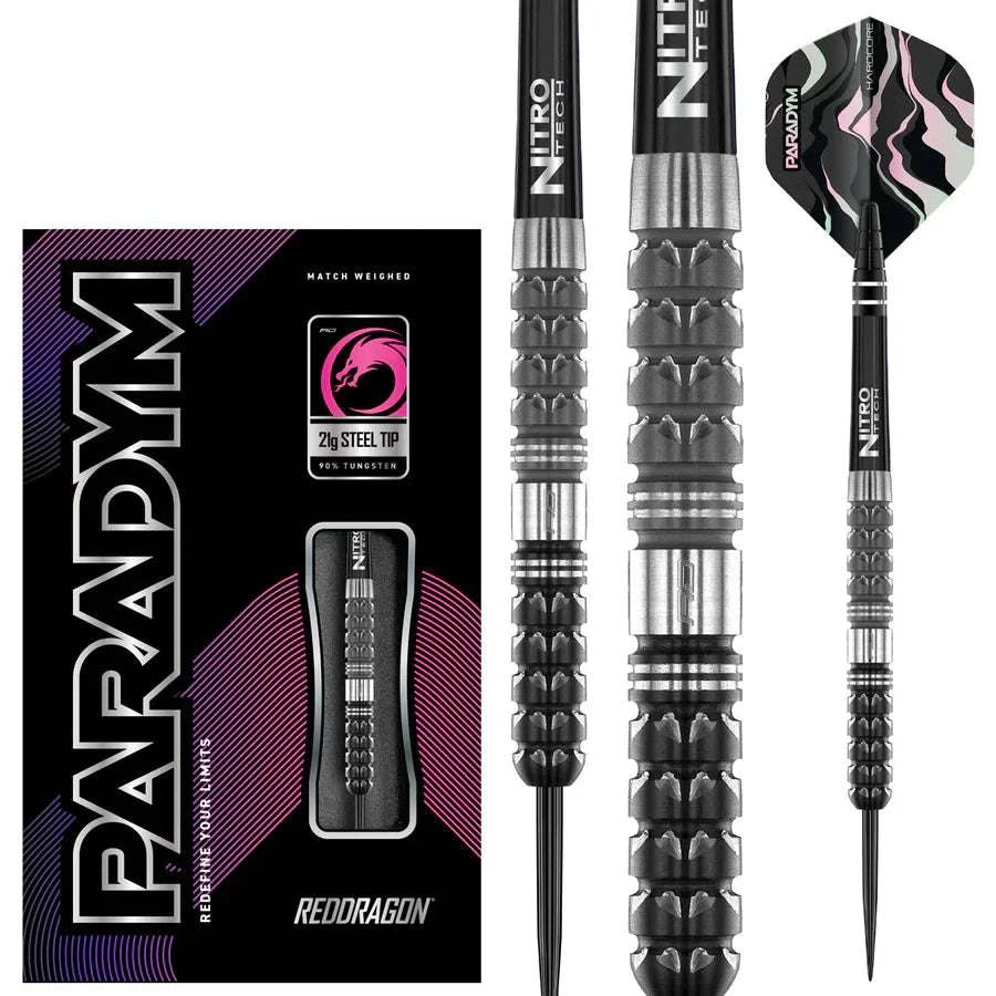 Paradym Tapered 90% tungsten steel tip darts by Red Dragon with textured grip and balanced tapered barrel.