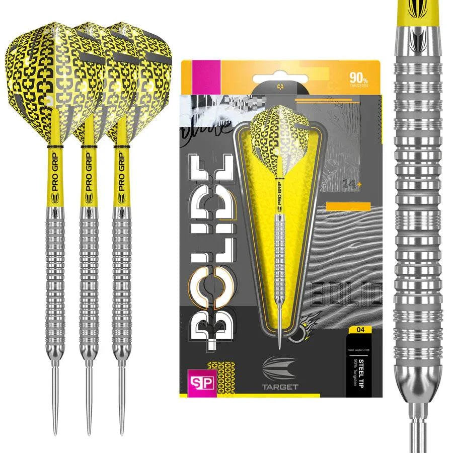 Bolide 04 Swiss Point 90% tungsten steel tip darts with radial groove barrels and yellow Pro Grip shafts by Target