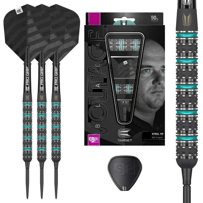 Target Rob Cross Black Edition 90% tungsten steel tip darts with teal grip and Swiss Point quick-change system