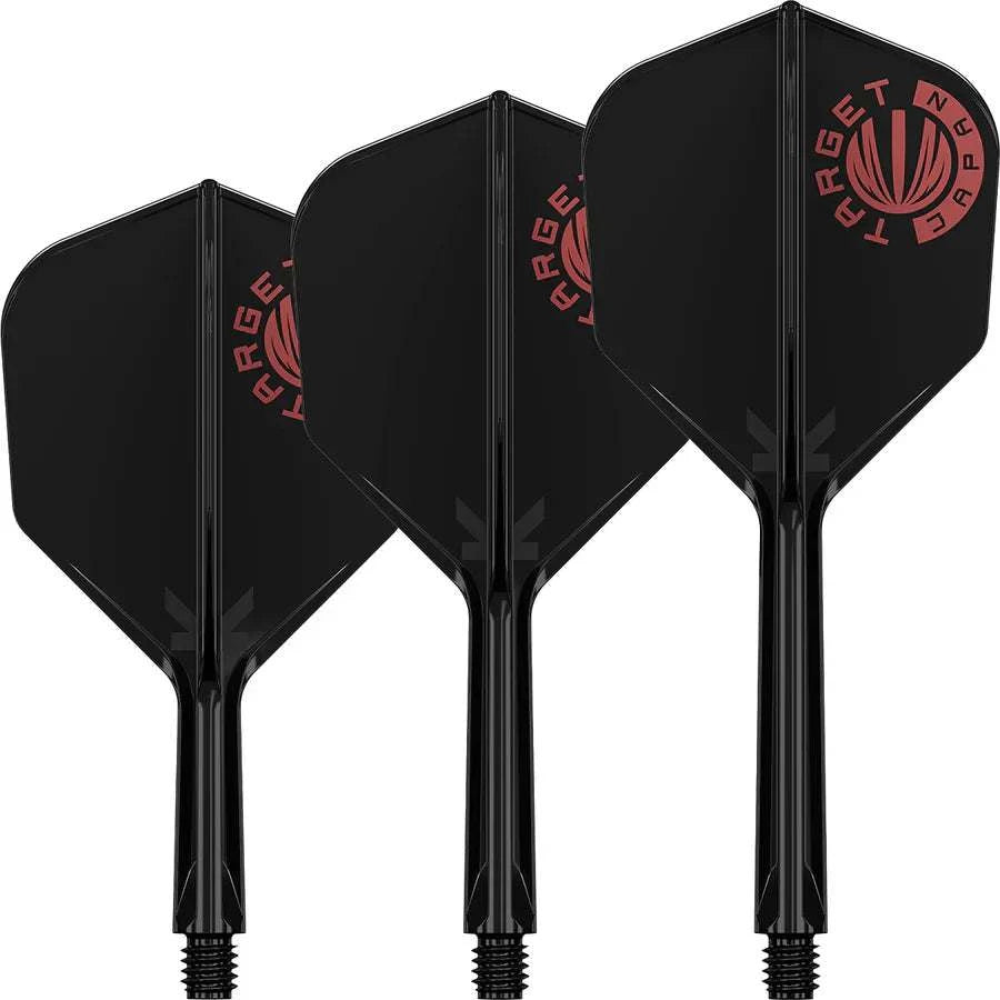 Set of black K-Flex dart flights with Target Japan logo, featuring lightweight, patented flex system, 90-degree precision, and enhanced durability.
