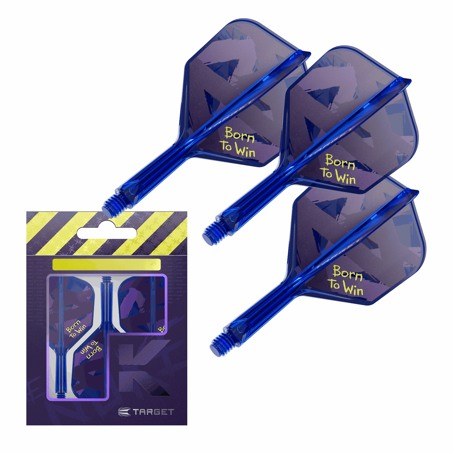 Blue and purple Luke Littler Born To Win K-Flex one-piece dart flights with championship stars and The Nuke logo