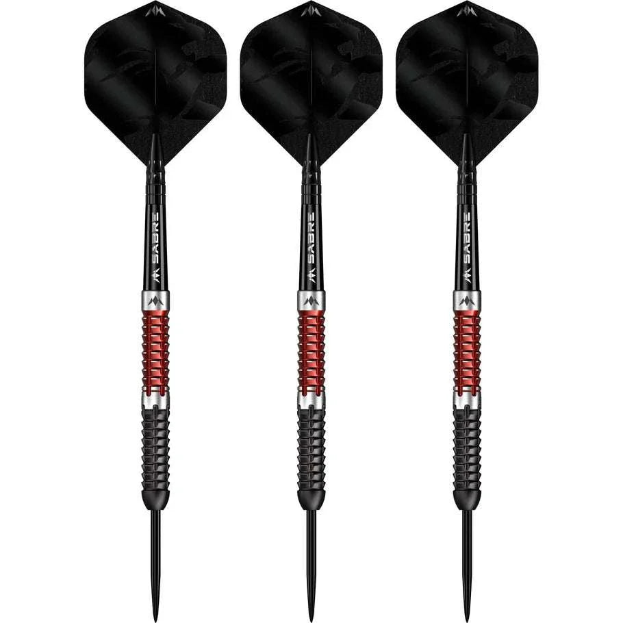 Set of three Mission Llew Bevan steel tip darts with 90% tungsten black and red barrels and black shafts and flights