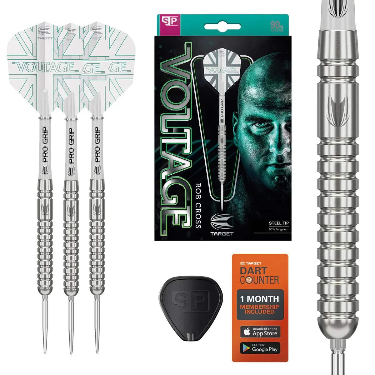 Target Rob Cross G1 90% tungsten steel tip darts with radial grooves, pro grip shafts, silver Swiss points, and Vision Ultra flights.