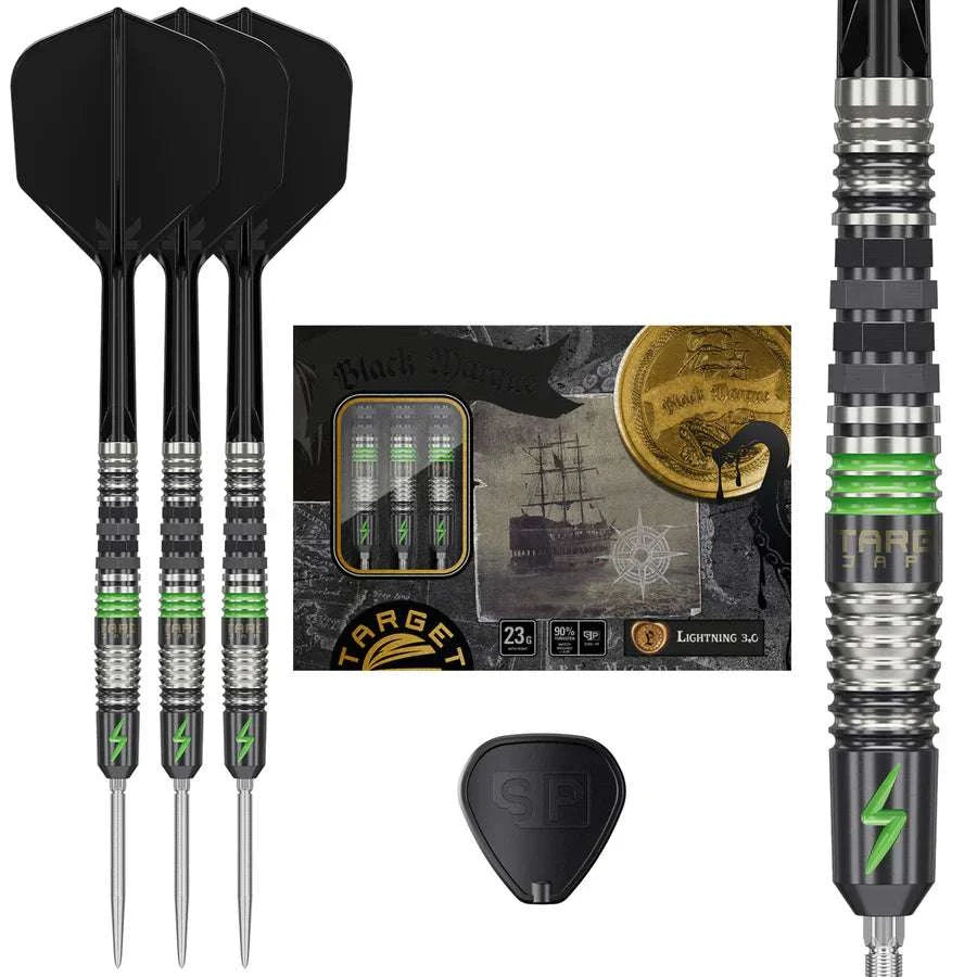 Target Japan Black Marque Lightning G3 steel tip darts with 90% tungsten barrels, black K-Flex flights, and green lightning design