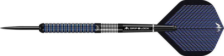 Mission Nightfall M1 steel tip dart with 90% tungsten barrel and straight ring grip, featuring black and blue flights and Grip-Lock shafts.