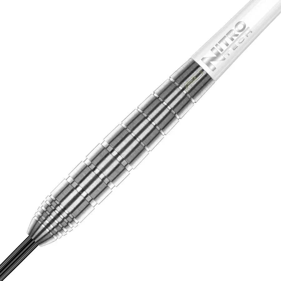 Close-up of Luke Humphries TX1 90% tungsten steel tip dart barrel with ring-grip pattern and Nitrotech stem