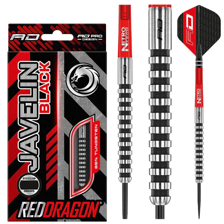 Javelin Black 85% tungsten darts by Red Dragon with seamless design and superior grip
