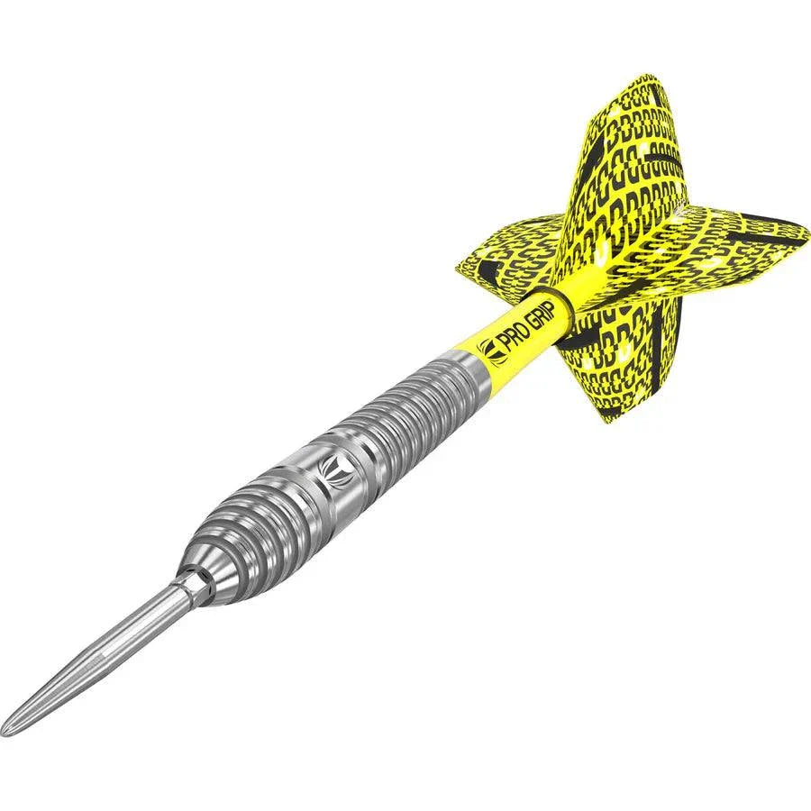 Bolide 03 Swiss Point steel tip dart with 90% tungsten barrel, radial groove cuts, yellow Pro Grip shaft, and yellow patterned flight