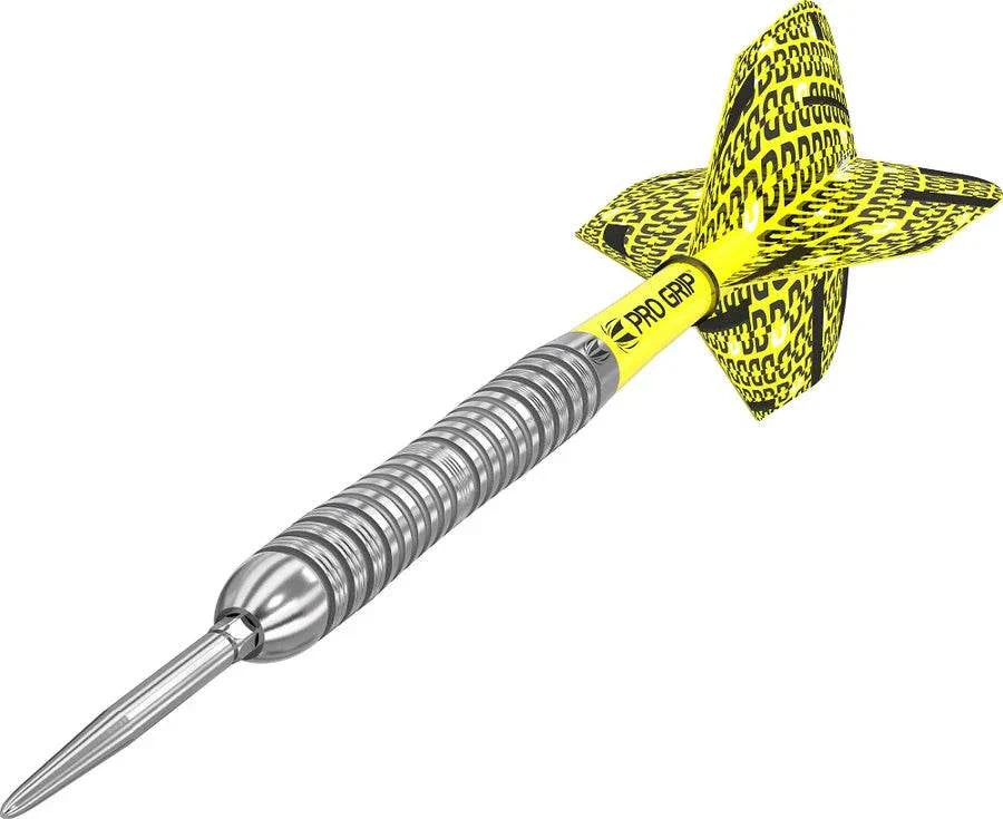 Bolide 04 Swiss Point 90% tungsten steel tip dart with precision radial groove barrel, yellow Pro Grip shaft, and patterned flight.