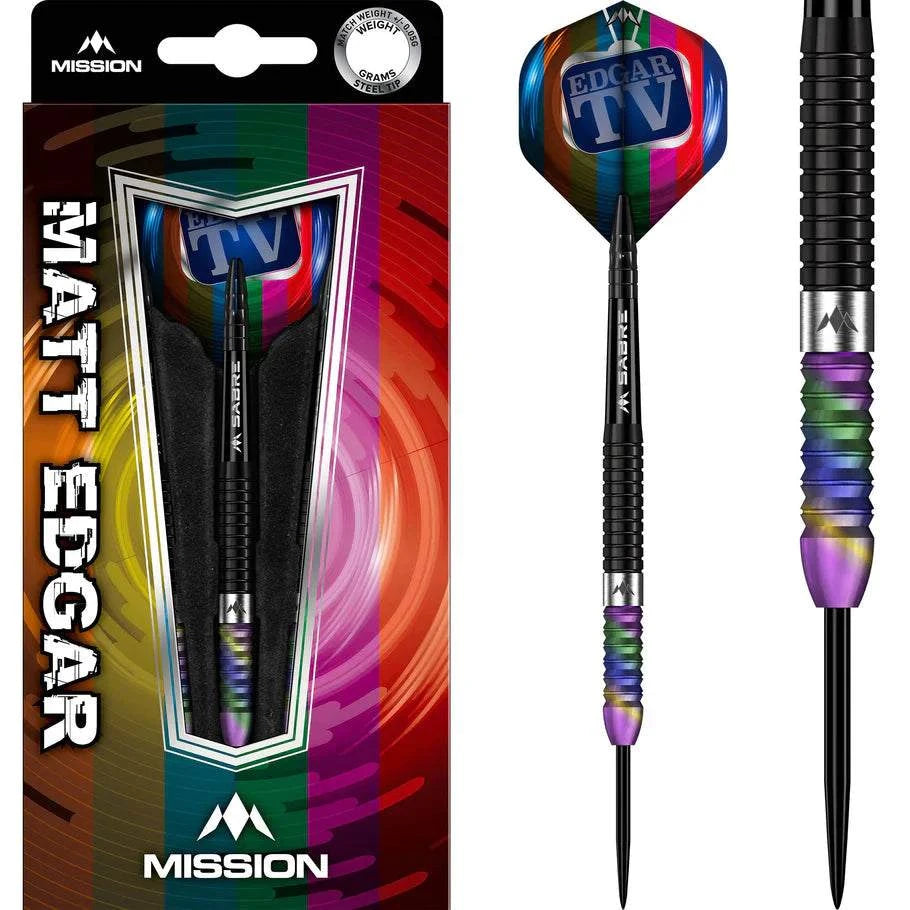 Mission Matthew Edgar steel tip darts with 90% tungsten black and coral design for precision and control