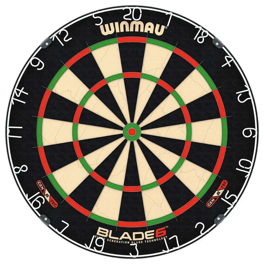 Winmau Blade 6 Dartboard with sixth generation technology, ultra-thin wiring, and premium East African sisal design for professional play.