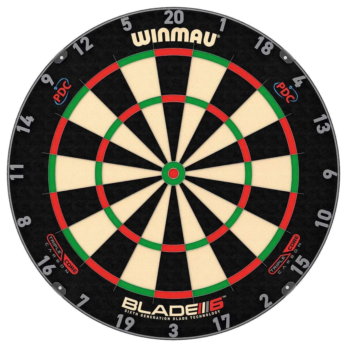 Winmau Blade 6 Triple Core dartboard with triple core technology, six-generation blade design, and premium East African sisal construction.