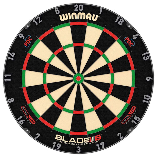 Winmau Blade 6 Triple Core dartboard with triple core technology, six-generation blade design, and premium East African sisal construction.