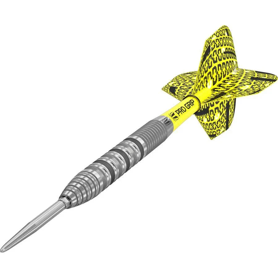 Bolide 01 Swiss Point steel tip dart with 90% tungsten barrel, yellow Pro Grip shaft, and patterned yellow flights.