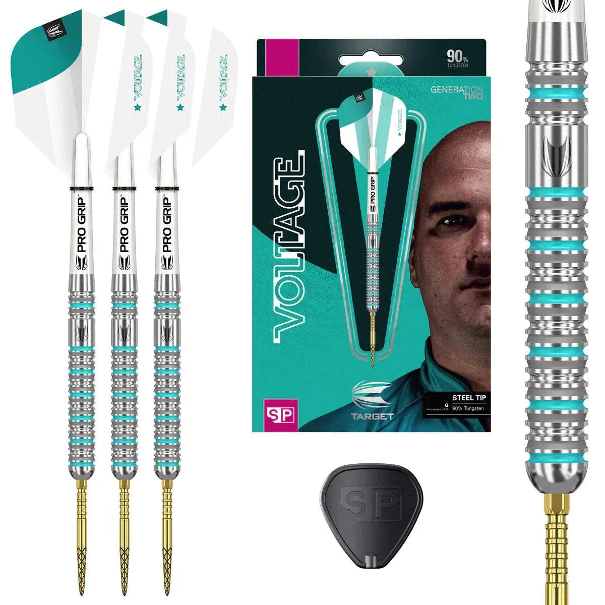 Target Rob Cross G2 90% tungsten steel tip darts with teal accents, Pro Grip shafts, and Swiss Point technology packaging