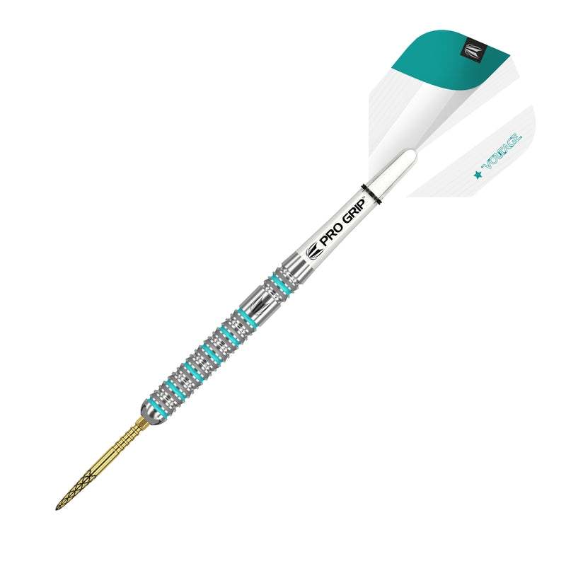 Target Rob Cross G2 90% tungsten steel tip dart with teal radial grooves, Pro Grip shaft, and Swiss Diamond point