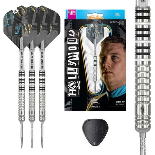 Chris Dobey G1 90% tungsten steel tip darts with radial groove barrels, black and white rear design, Pro Grip shafts, and exclusive flights by Target
