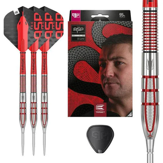 Nathan Aspinall G2 95% tungsten steel tip darts with red PVD grooves and Target Pro Grip shafts in packaging