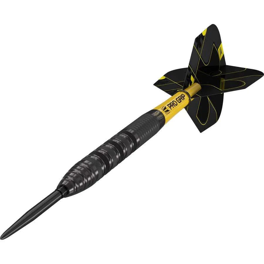Bolide Void 01 90% tungsten steel tip dart with black titanium coated barrel and black and yellow flights.