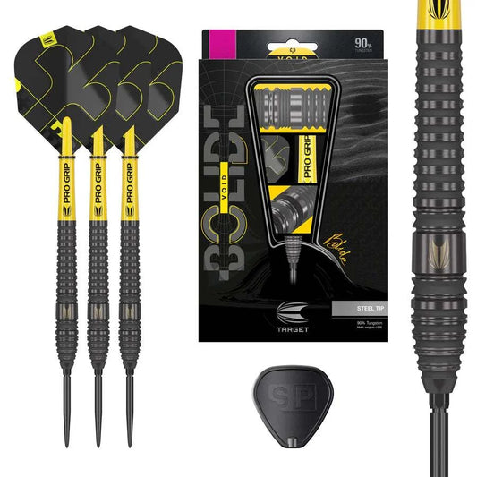 Bolide Void 90% tungsten steel tip darts with black titanium coating and textured grip by Target