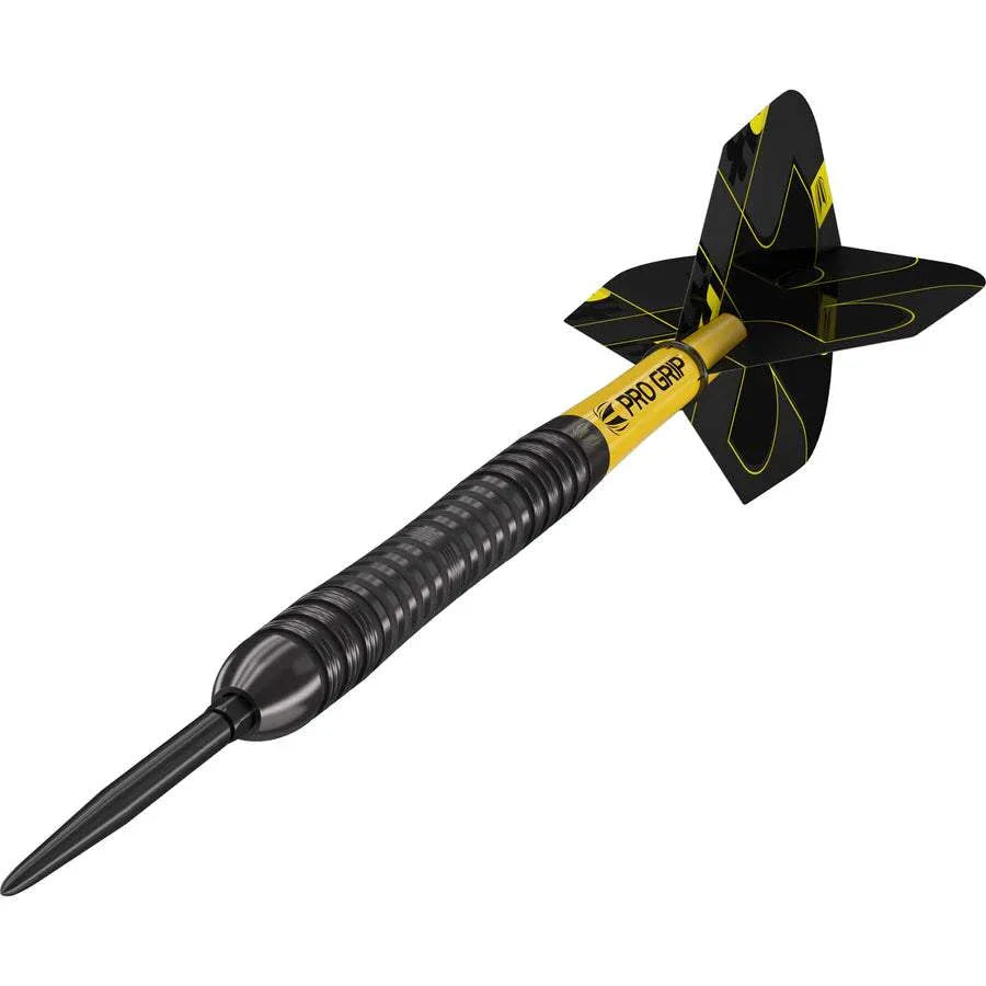 Bolide Void 04 steel tip dart with 90% tungsten barrel, black titanium coating, and black and yellow flights.