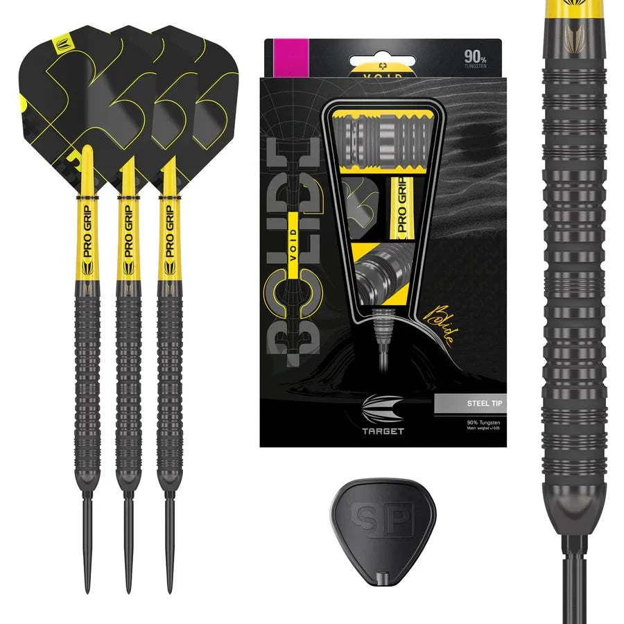 Bolide Void 04 90% tungsten steel tip darts with black titanium coating and pro grip flights by Target