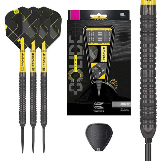 Bolide Void 04 90% tungsten steel tip darts with black titanium coating and pro grip flights by Target