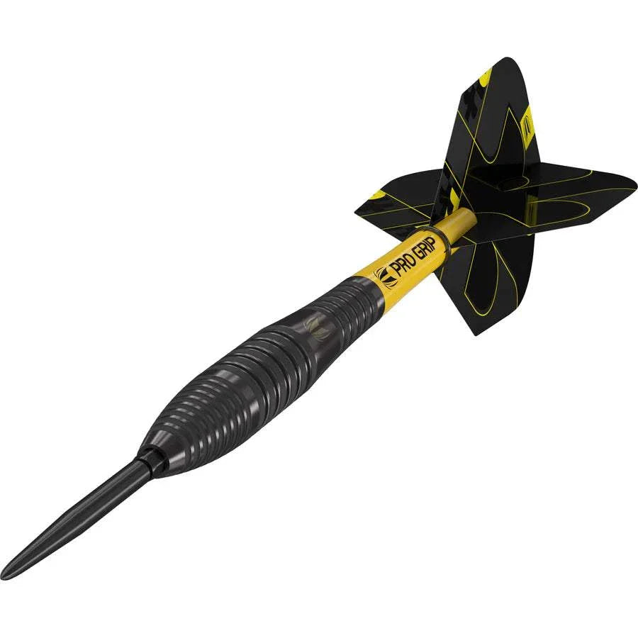 Single Bolide Void 90% tungsten steel tip dart with black titanium barrel, yellow shaft, and black-flight with yellow accents