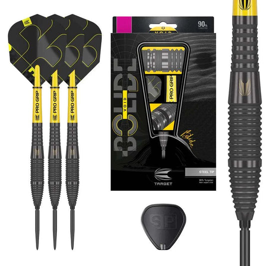 Set of three Bolide Void 05 90% tungsten steel tip darts with black titanium barrels and yellow Pro Grip shafts, shown with packaging and Swiss Point tip sharpener.