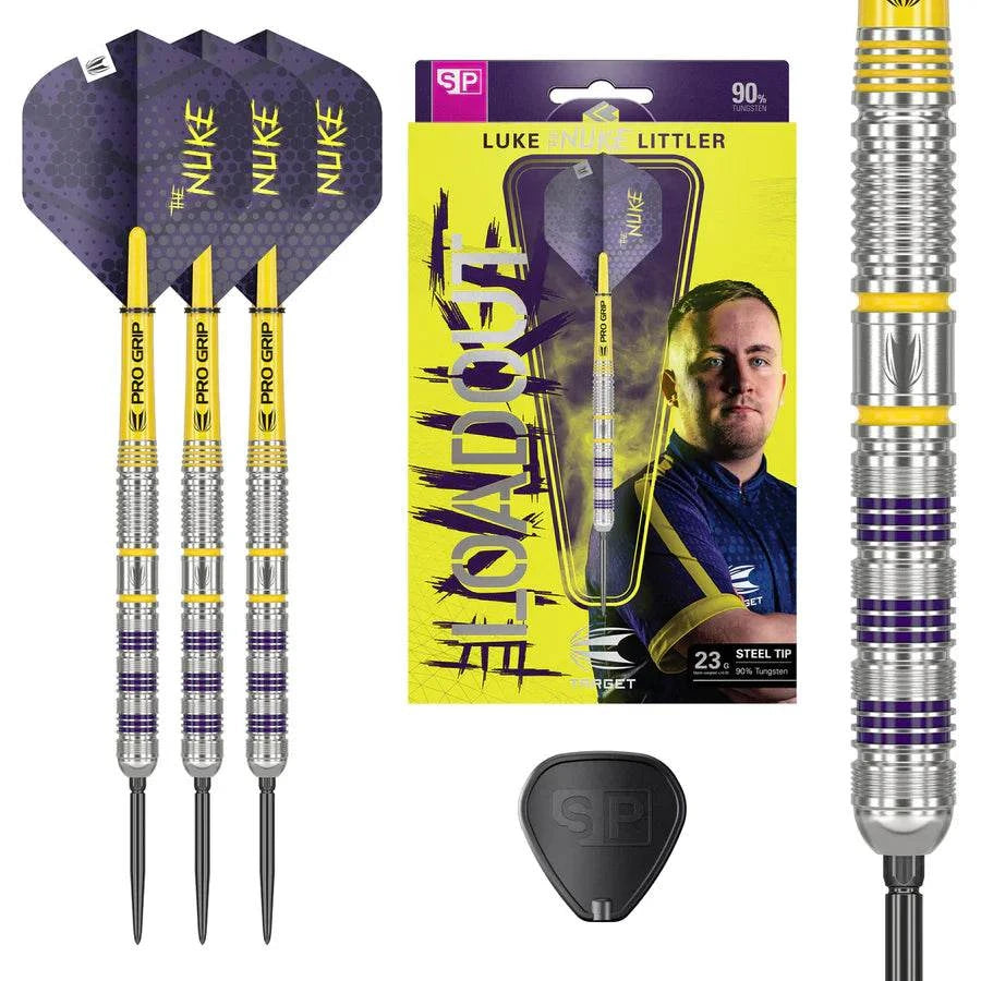 Luke Littler Loadout 90% Tungsten steel tip darts with radial grooves, Swiss Point tips, pro grip shafts, and Nuke Pro Ultra flights.