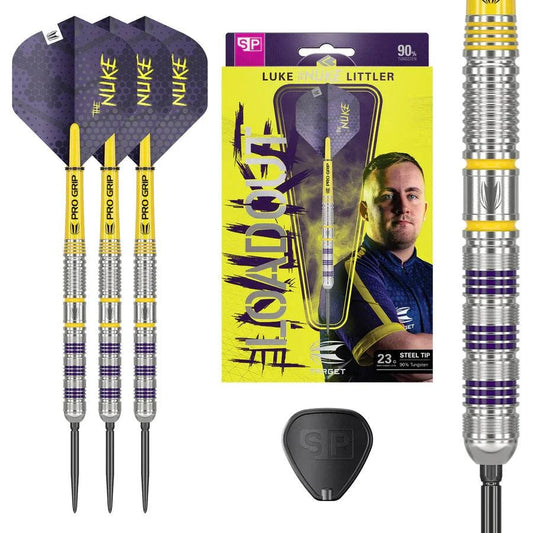 Luke Littler Loadout 90% Tungsten steel tip darts with radial grooves, Swiss Point tips, pro grip shafts, and Nuke Pro Ultra flights.