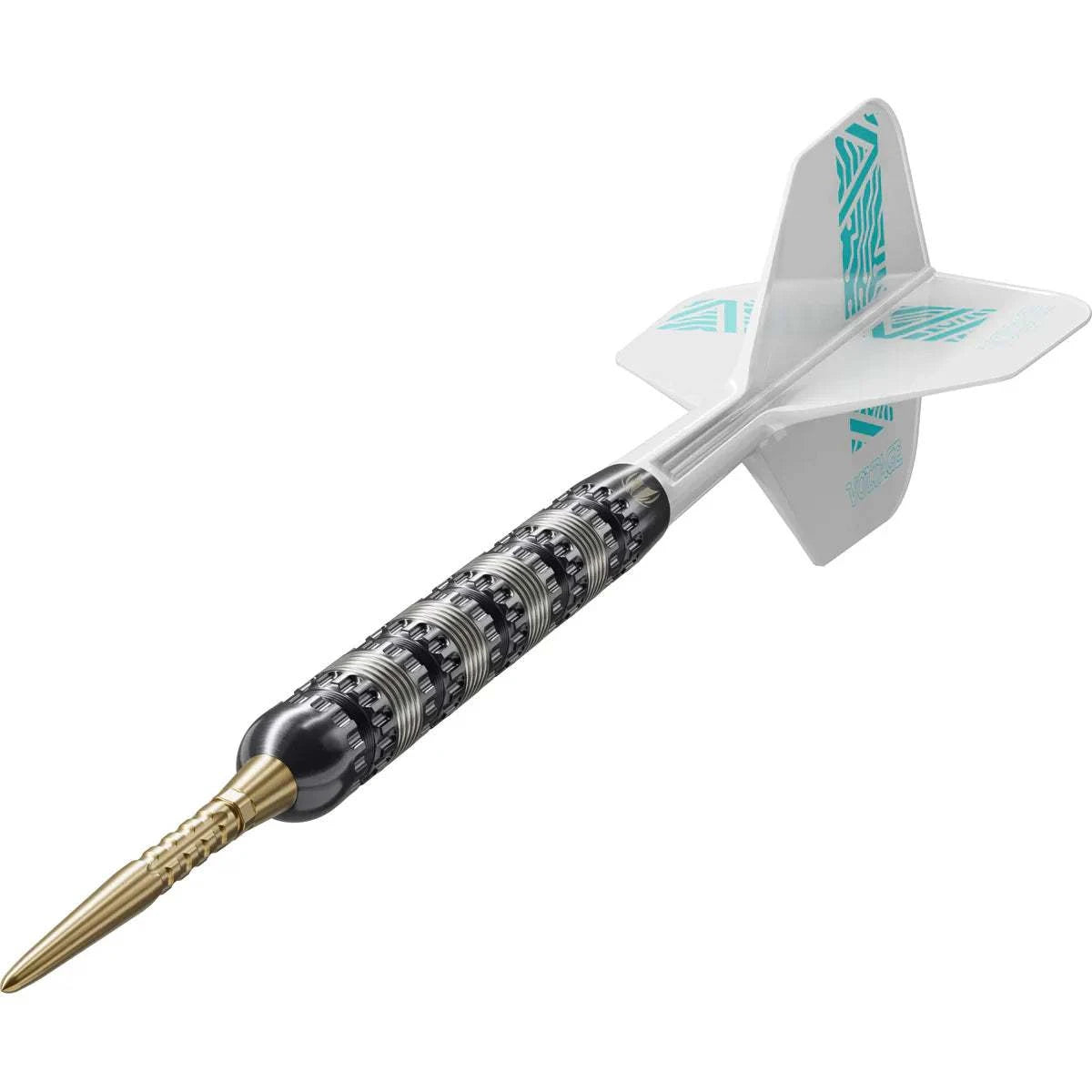 Target Rob Cross 95K 95% tungsten steel tip dart with black barrel, gold Swiss Storm Surge point, and white K-Flex integrated flight and shaft system