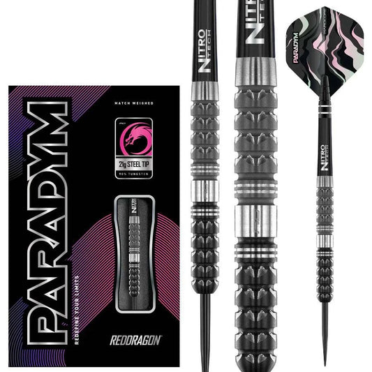 Paradym Tapered 90% tungsten steel tip darts by Red Dragon with textured grip and balanced tapered barrel.