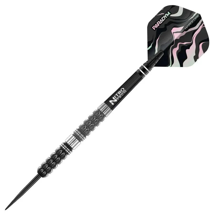Red Dragon Paradym Tapered 90% tungsten steel tip dart with textured grip and matching flights and shafts