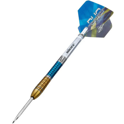 Gary Anderson Phase 6 Duo 90% tungsten steel tip dart with dual PVD coated barrel and blue and gold design