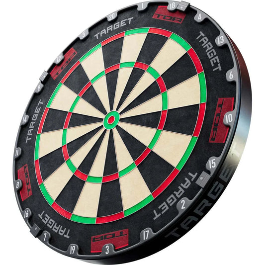 TOR Dartboard by Target made from premium Madagascan sisal with stainless steel spiderweb and 36XTEN rotational number ring for durability and precision.