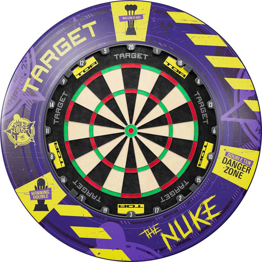Luke Littler World Champion edition Target TOR dartboard bundle with surround featuring yellow and purple design details and professional-grade sisal surface