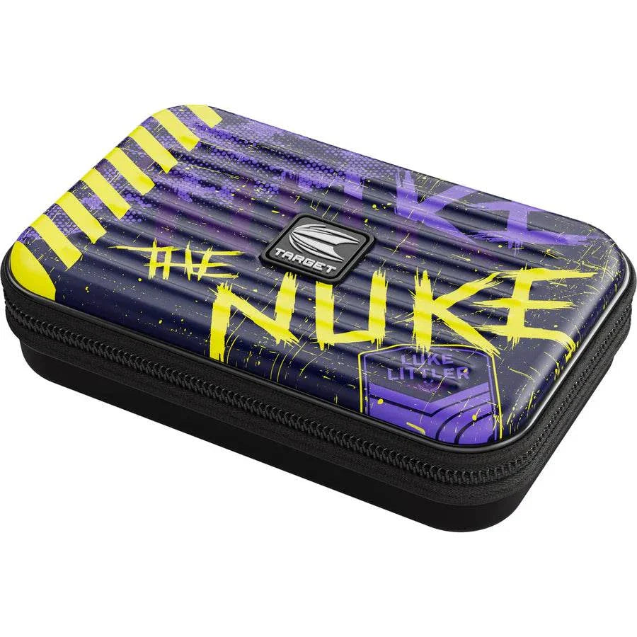 Extra-large Takoma Dart Case Luke Littler XL by Target with purple and yellow design, durable EVA material, and zippered storage pockets