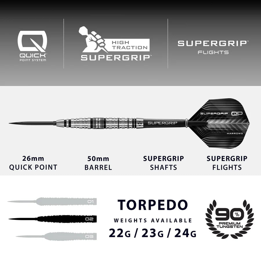 Supergrip Torpedo 90% Tungsten QP Steel Tip Darts