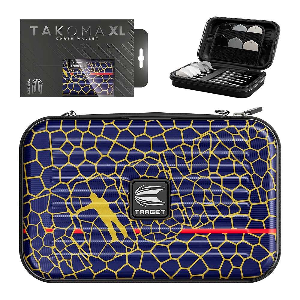 Target Josh Rock Takoma XL darts case with blue and gold design, elastic straps, velvet lining, and zip-locked pockets for organized dart storage.