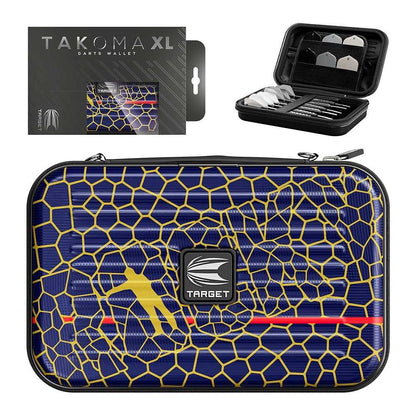 Target Josh Rock Takoma XL darts case with blue and gold design, elastic straps, velvet lining, and zip-locked pockets for organized dart storage.