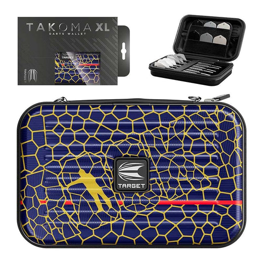 Target Josh Rock Takoma XL darts case with blue and gold design, elastic straps, velvet lining, and zip-locked pockets for organized dart storage.