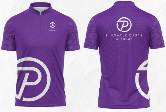 Purple Pinnacle Darts Academy jersey with white logo on front and back, short sleeves, and a snug fit design.