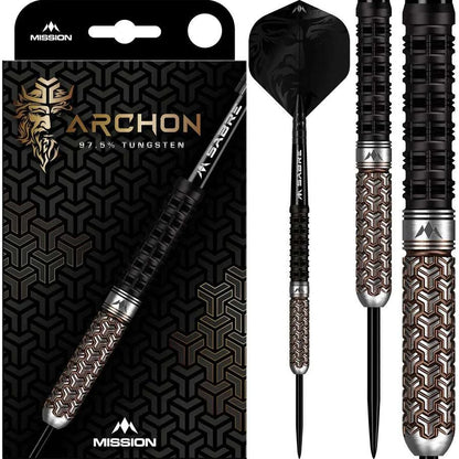 Mission Archon darts with 97.5% tungsten steel tip, black and bronze detailed barrels, and Sabre shafts.