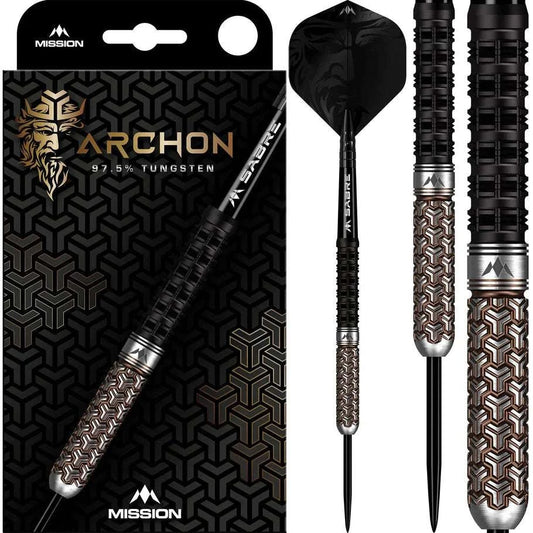Mission Archon darts with 97.5% tungsten steel tip, black and bronze detailed barrels, and Sabre shafts.