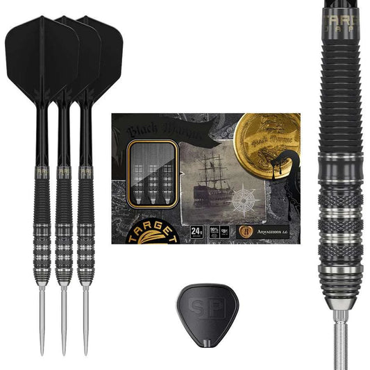 Black Marque Armageddon G2 90% tungsten steel tip darts with precision grip and Swiss Point technology by Target Japan