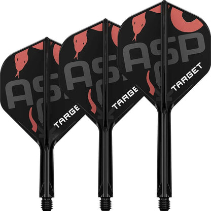 Nathan Aspinall K-Flex dart flights with black and red snake design and integrated shafts for precision and flexibility.