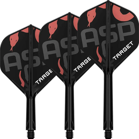 Nathan Aspinall K-Flex dart flights with black and red snake design and integrated shafts for precision and flexibility.
